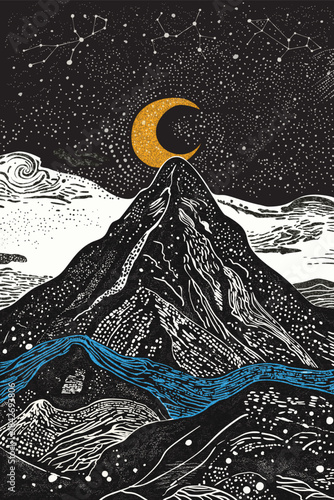 Beautiful night landscape with mountains and moon in lineart style