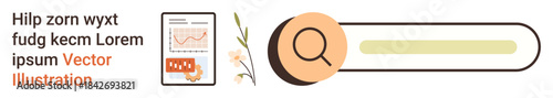 Web search, online data analysis, business solutions, digital research, user interface, workflow management. A search bar with a magnifying glass and a document showing data charts. Web search