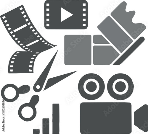 video editing icon editor content creator gray symbol bundle on white background.