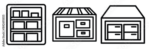 warehouse storage outline stroke vector icon set. black color and white background