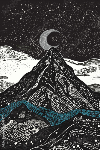 Beautiful night landscape with mountains and moon in lineart style