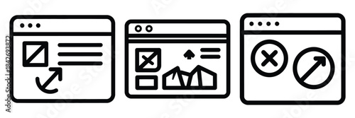 website analytics outline stroke vector icon set. black color and white background