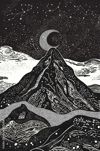 Beautiful night landscape with mountains and moon in lineart style