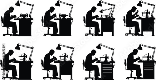 Set of jeweler silhouettes working at table with tools and lamp making jewelry or watch repair isolated on white background vector illustration.