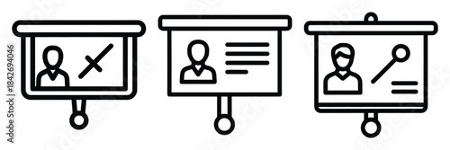 business presentation outline stroke vector icon set. black color and white background