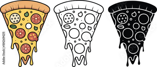 Pizza slice silhouette & Outline and illustration set isolated on transparent background