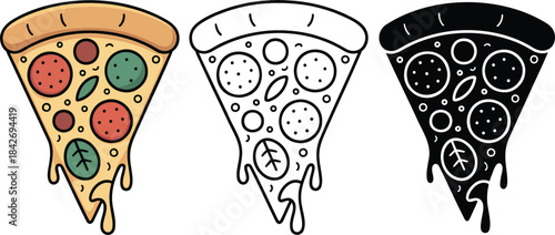 Pizza slice silhouette & Outline and illustration set isolated on transparent background