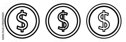 dollar coin outline stroke vector icon set. black color and white background