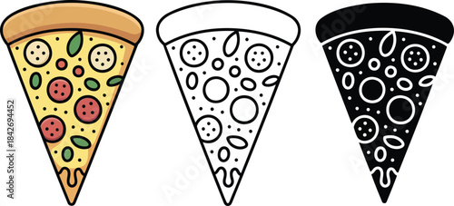 Pizza slice silhouette & Outline and illustration set isolated on transparent background