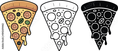 Pizza slice silhouette & Outline and illustration set isolated on transparent background