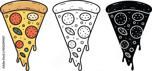 Pizza slice silhouette & Outline and illustration set isolated on transparent background