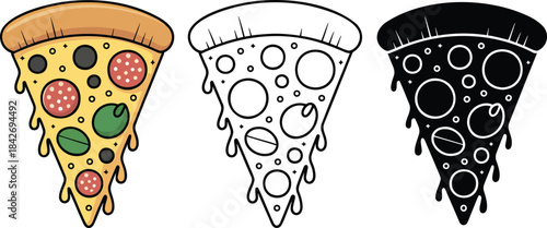 Pizza slice silhouette & Outline and illustration set isolated on transparent background