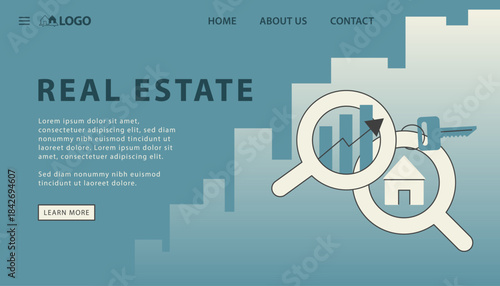 Real estate home page. website, investing business concept. City buildings with growth rising up arrow, vector illustration poster, banner design template