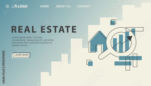 Real estate home page. website, investing business concept. City buildings with growth rising up arrow, vector illustration poster, banner design template