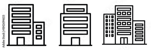 office building outline stroke vector icon set. black color and white background