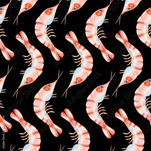 Seamless pattern with shrimps, seafood theme, hand drawn, clean vector illustration, delicate lines, simple and modern design, repeating motif, isolated on black background, nautical aesthetics.