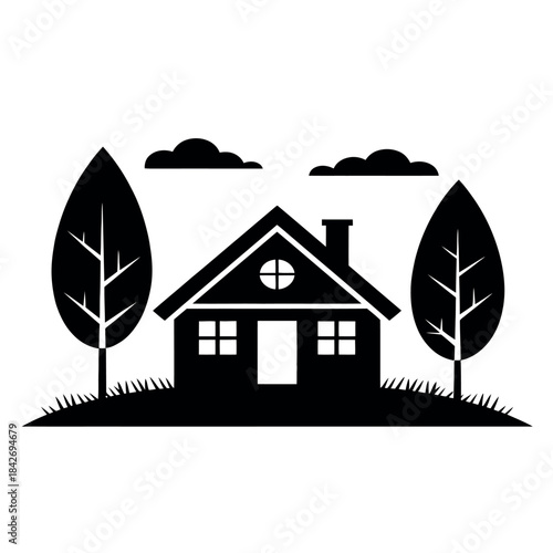 Serene house surrounded by trees in a peaceful landscape Vector