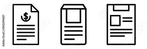 payment receipt outline stroke vector icon set. black color and white background