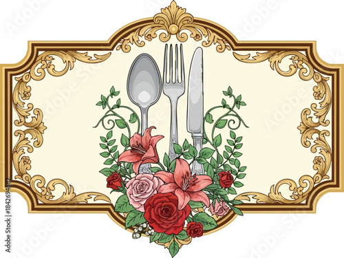 Elegant floral centerpiece with vintage cutlery, roses, and lilies in decorative frame