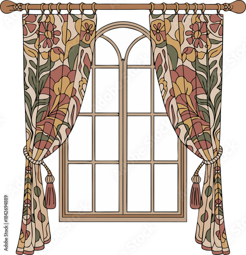 Vintage arched window with floral patterned curtains, flat vector illustration of classic boho home deco