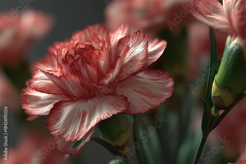 Close-up of red and white carnation flowers in bloom with green stems