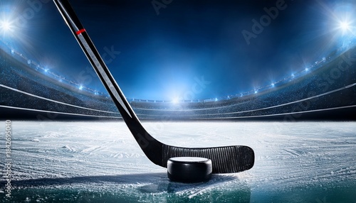 the hockey puck and stick on frosted ice in a dramatic arena lighting