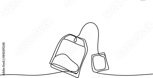 Black and white line of a teabag and tea bag tag line black and white