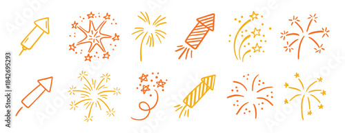 Hand drawn fireworks doodle set celebration line art design