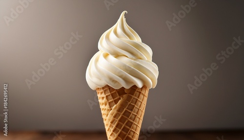 the ice cream cone with creamy vanilla soft serve swirl against neutral background