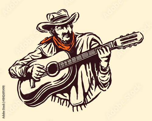 Retro-style cowboy character strumming a guitar with confident expression and traditional outfit.