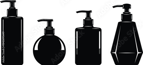 Set of liquid soap dispenser silhouettes in various bottle shapes, modern black vector illustrations for cosmetics packaging, hygiene products and bathroom design