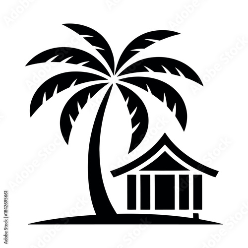 Tropical palm tree and beachside hut silhouette Vector