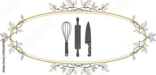 Baking Bliss Whisk, Rolling Pin & Knife in Ornamental Frame Illustration