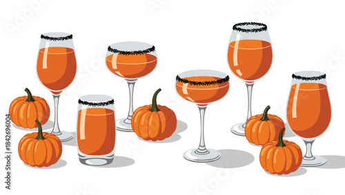 A vibrant still life of orange cocktails with black salt in wine glasses and small pumpkins on a white surface for fall seasonal drinks
