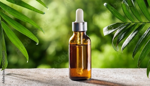 a dropper bottle on textured surface with greenery in the background