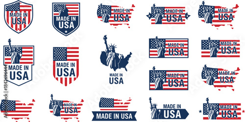 Set of Made in USA labels, badges, and icons, featuring the American flag, USA map, and Statue of Liberty, vector logo collection.
