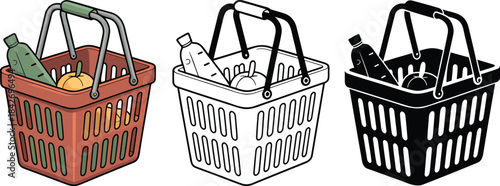 Shopping basket silhouette & Outline and illustration set isolated on transparent background