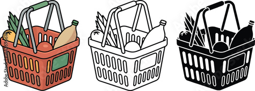 Shopping basket silhouette & Outline and illustration set isolated on transparent background