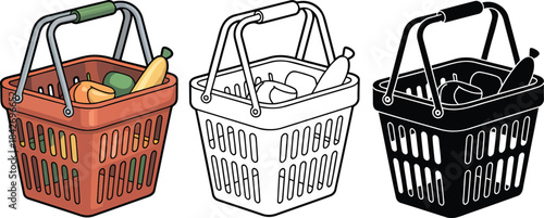 Shopping basket silhouette & Outline and illustration set isolated on transparent background