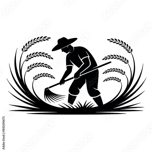 Farmer sweeping wheat field with broom Vector