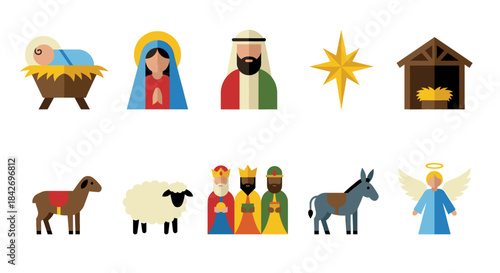 Flat christmas nativity icons vector set representing bethlehem silhouette shapes with holy family wise men and animals for modern religious holiday design.
