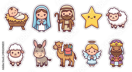 Cute christmas nativity stickers vector set featuring bethlehem silhouette characters like  jesus mary and joseph with animals for kids holiday decoration.