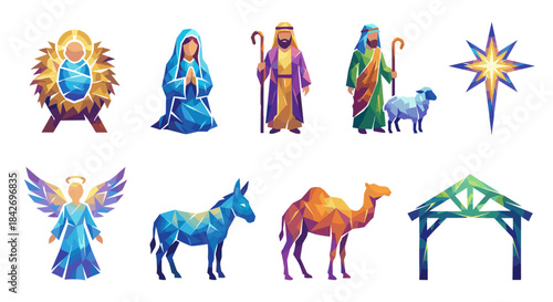 Christmas nativity scene elements in bethlehem silhouette concept with vector low poly style featuring holy family angel and animals for modern religious holiday design.