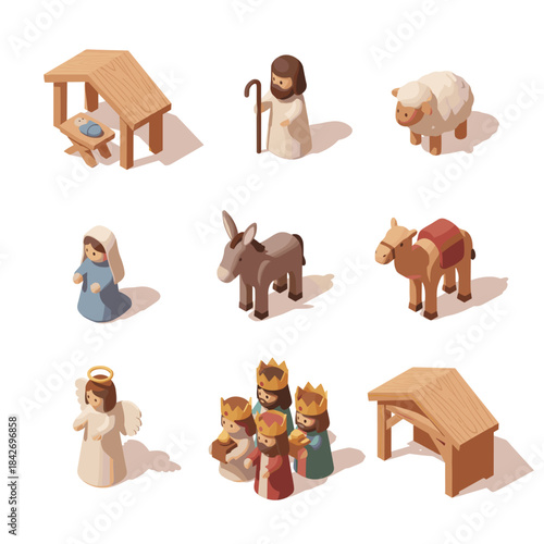 Isometric vector nativity scene set representing bethlehem silhouette concepts with 3d holy family wise men and animals for christmas holiday composition and map design.