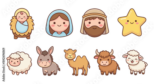 Cute christmas nativity characters vector set in bethlehem silhouette theme featuring baby jesus mary and joseph with farm animals for kids holiday sticker design.