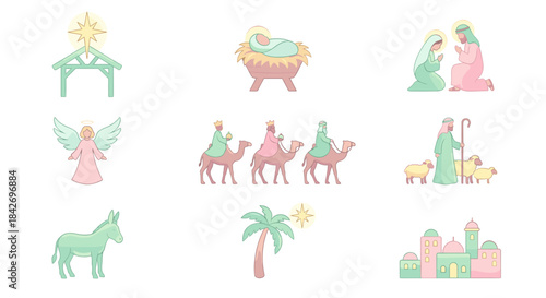 Cute Pastel Nativity Scene Vector Characters. Hand Drawn Style Holy Family, Wise Men and Animals in Bethlehem. Soft Nursery Silhouette Elements for Greeting Cards.