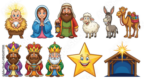 Cartoon Christmas Nativity Scene Vector Characters. Happy Holy Family Three Kings and Animals in Bethlehem. Colorful Silhouette Elements with Smiling Star and Stable.