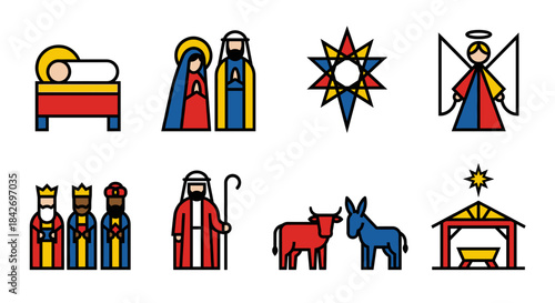 Geometric Christmas Nativity Icons Vector Set. Bold Line Art of Holy Family, Three Kings, and Angel in Bethlehem. Modern Colorful Silhouette Symbols for Holiday Graphic Design.
