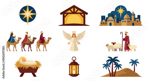 Christmas Nativity Scene Elements Vector Set. Flat Illustration of Three Wise Men, Shepherd, and City of Bethlehem Silhouette. Holy Night Collection with Star, Manger, and Palm Trees