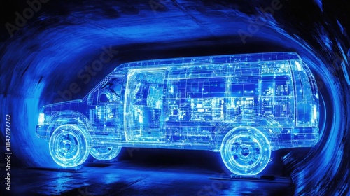 Fototapeta Naklejka Na Ścianę i Meble -  Futuristic Blue Wireframe Van Hologram Illuminating a Dark, Textured Tunnel